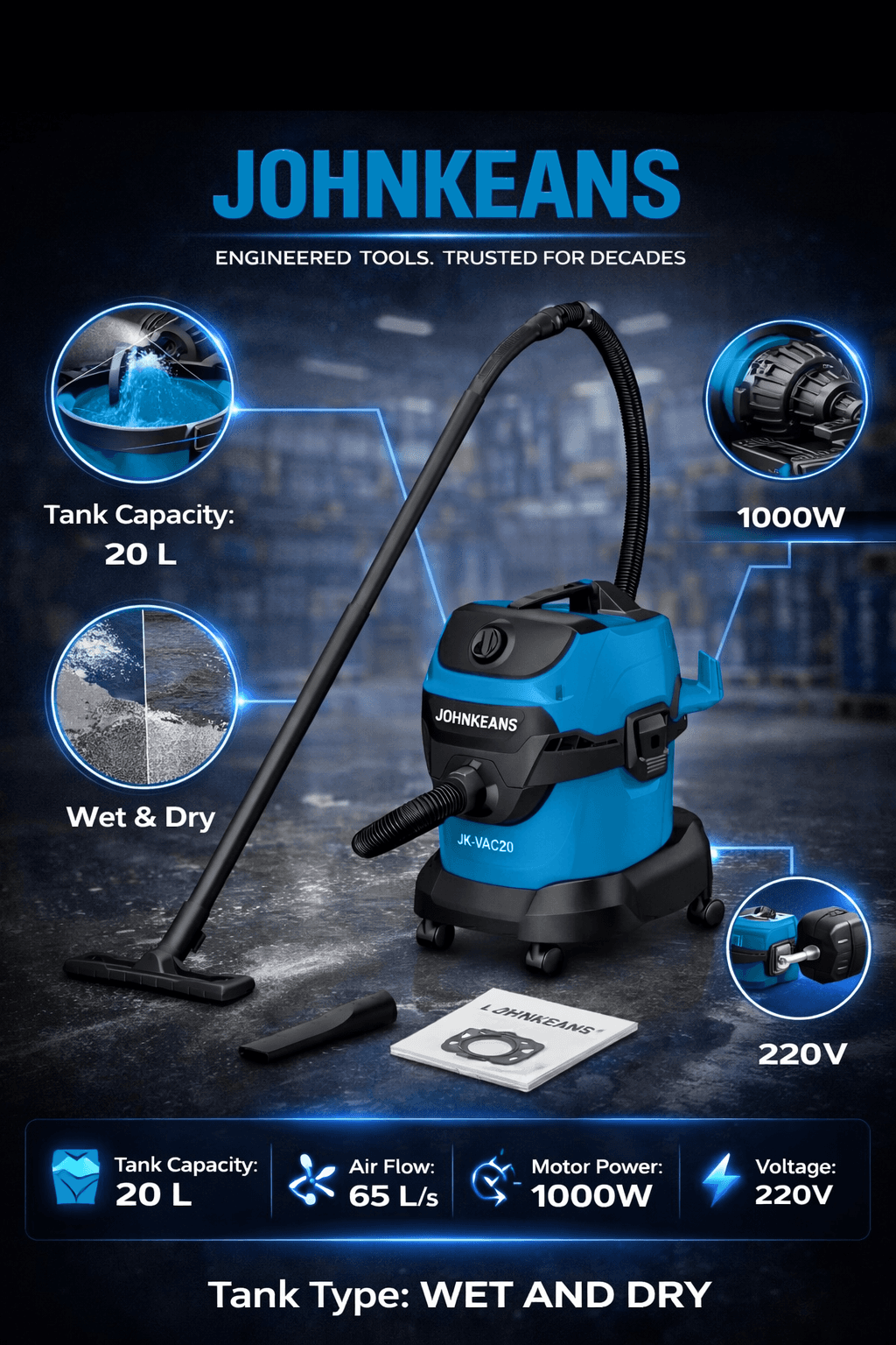 Johnkeans 20L Wet & Dry Vacuum Cleaner - Image 3