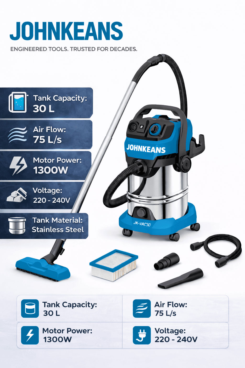 Johnkeans 30L Wet & Dry Vacuum Cleaner - Image 2
